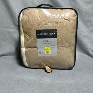 Madison Park 7 Piece Quilt Set Full/Queen Tan Ivory Scroll Striped Bedding